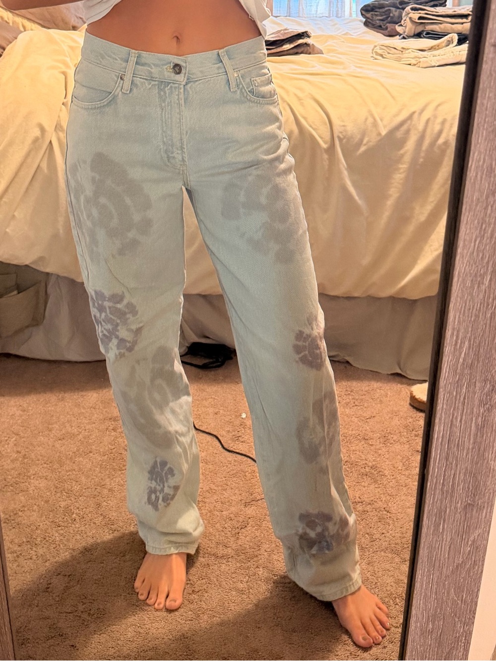 Pilcro Light Blue Floral-Print Straight-Leg Jeans